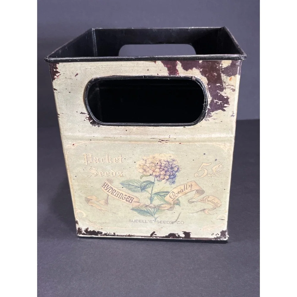 Rustic Metal Herb Planter Box Distressed Farmhouse Hydrangea Seed Tin Green